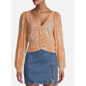 Free People Say the Word Cropped Top Womens Medium Peach Floral Ruched Modal